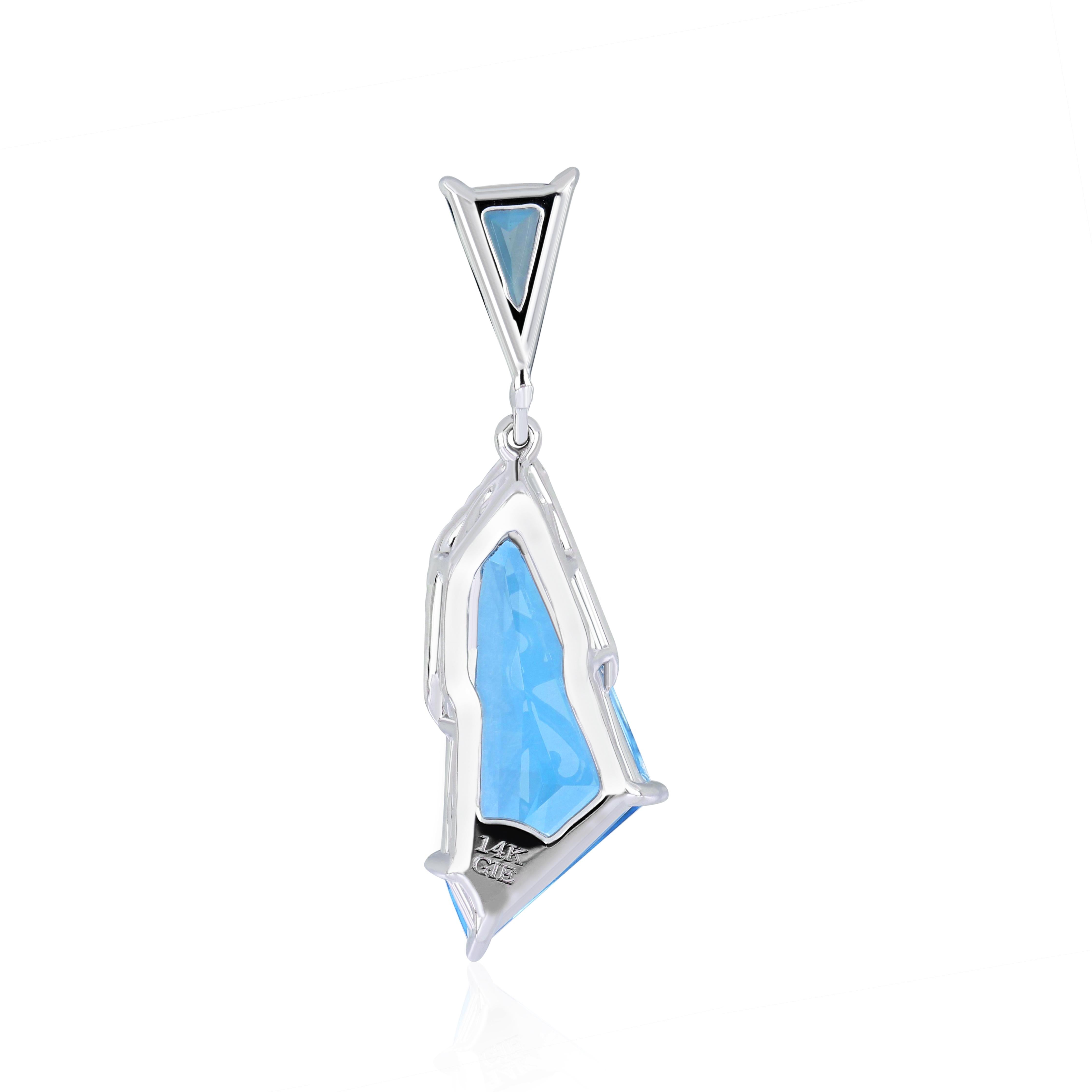 Mixed Cut 8.30Ct's Swiss Blue Topaz, London Blue Topaz and Diamond Pendant 14k White Gold For Sale