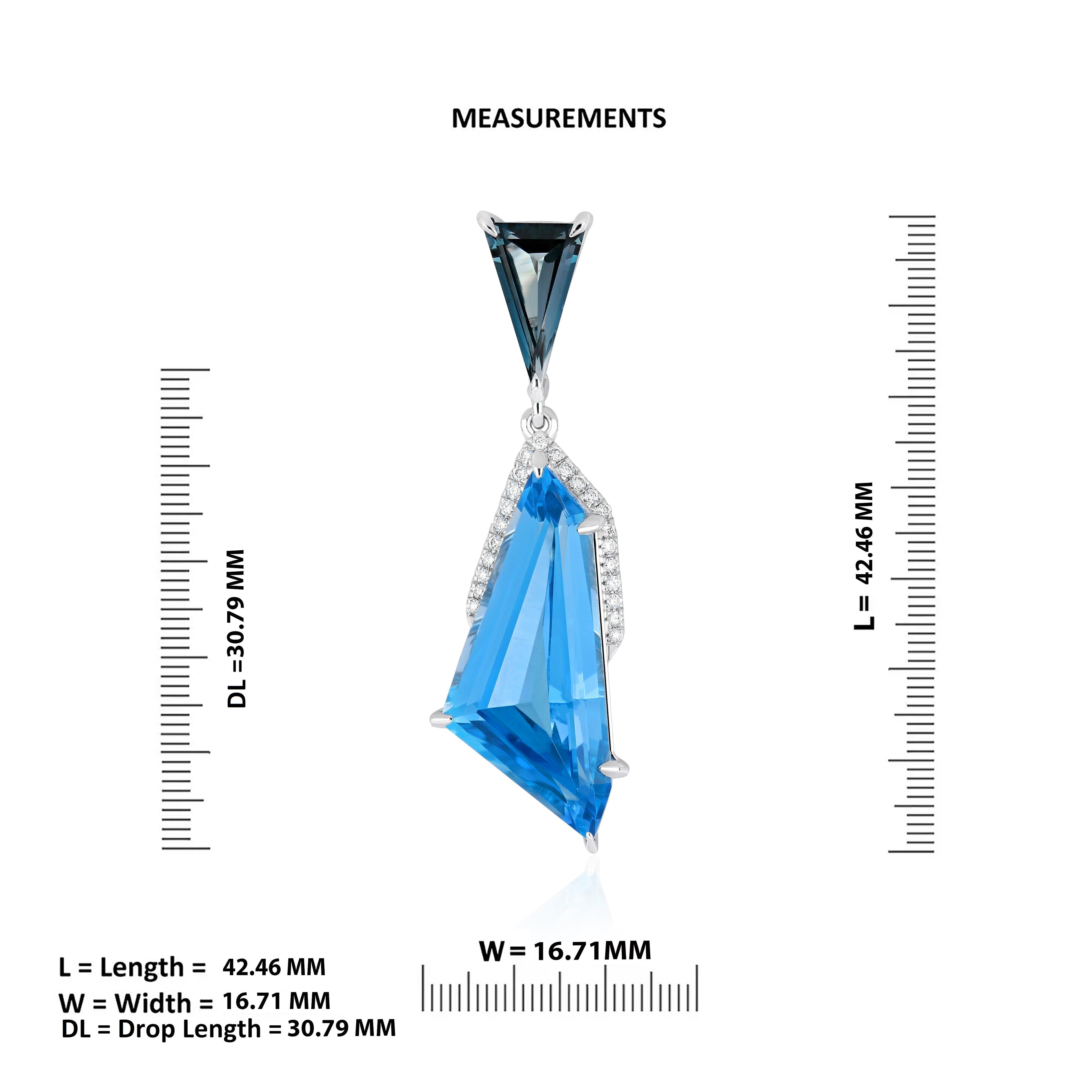 8.30Ct's Swiss Blue Topaz, London Blue Topaz and Diamond Pendant 14k White Gold For Sale 2