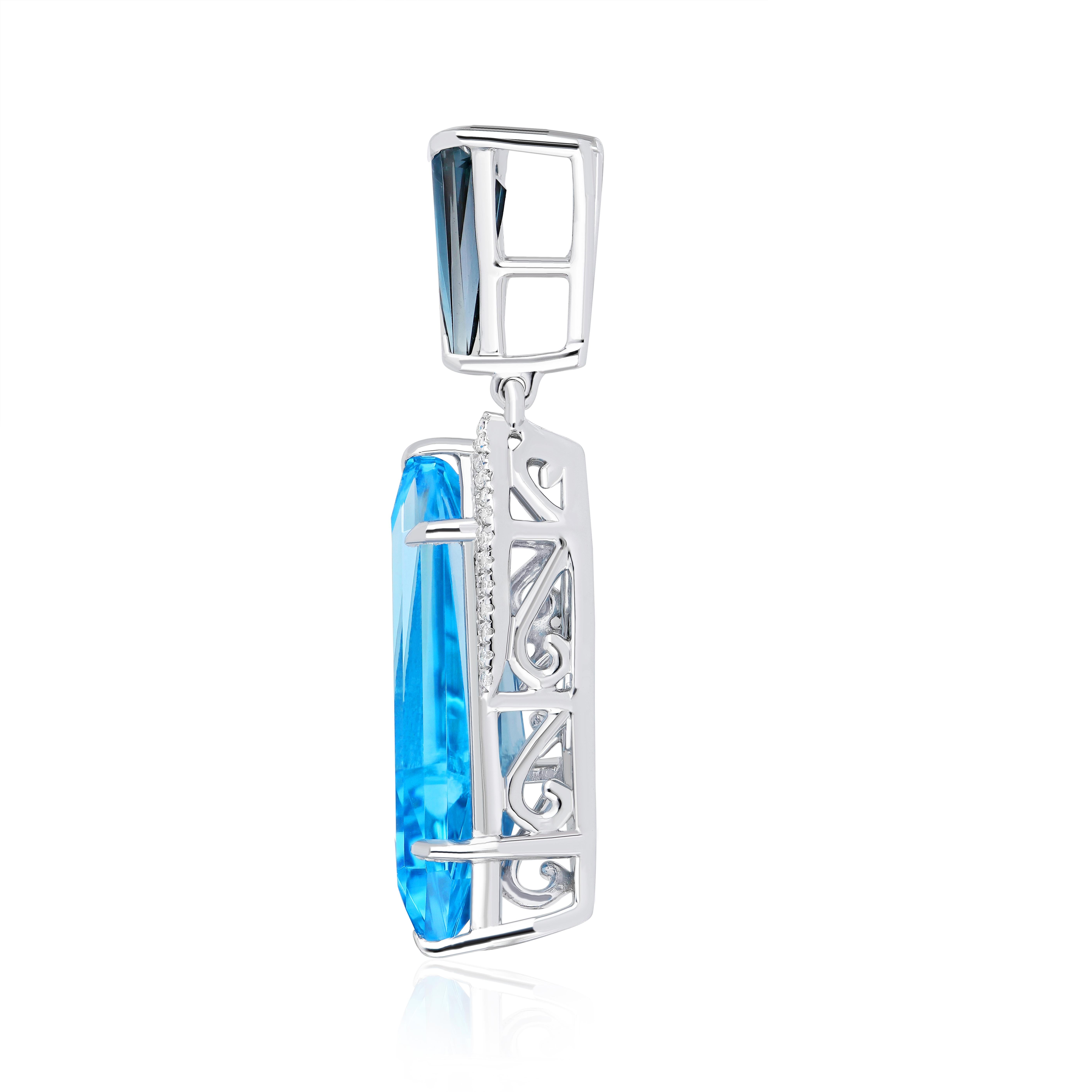 8.30Ct's Swiss Blue Topaz, London Blue Topaz and Diamond Pendant 14k White Gold For Sale 4