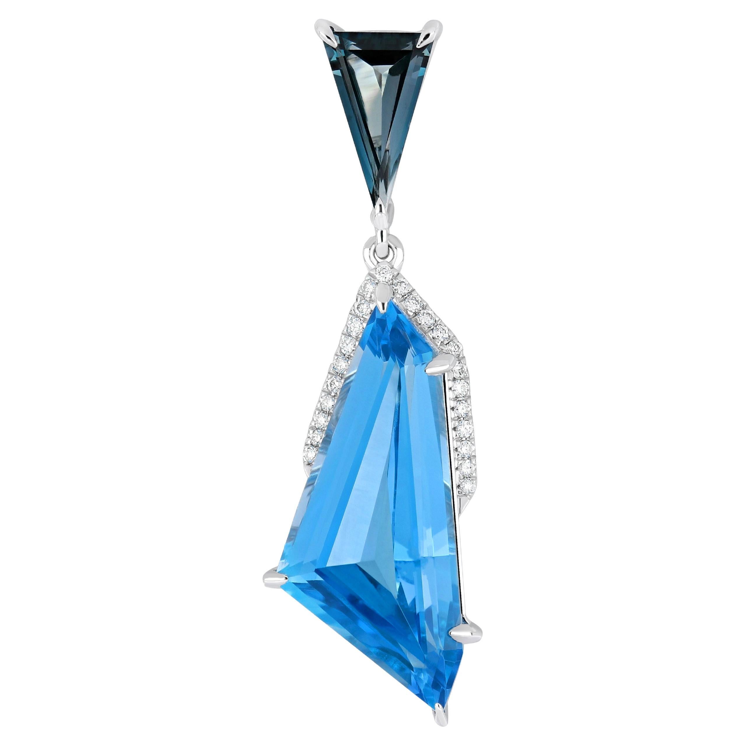 8.30Ct's Swiss Blue Topaz, London Blue Topaz and Diamond Pendant 14k White Gold For Sale