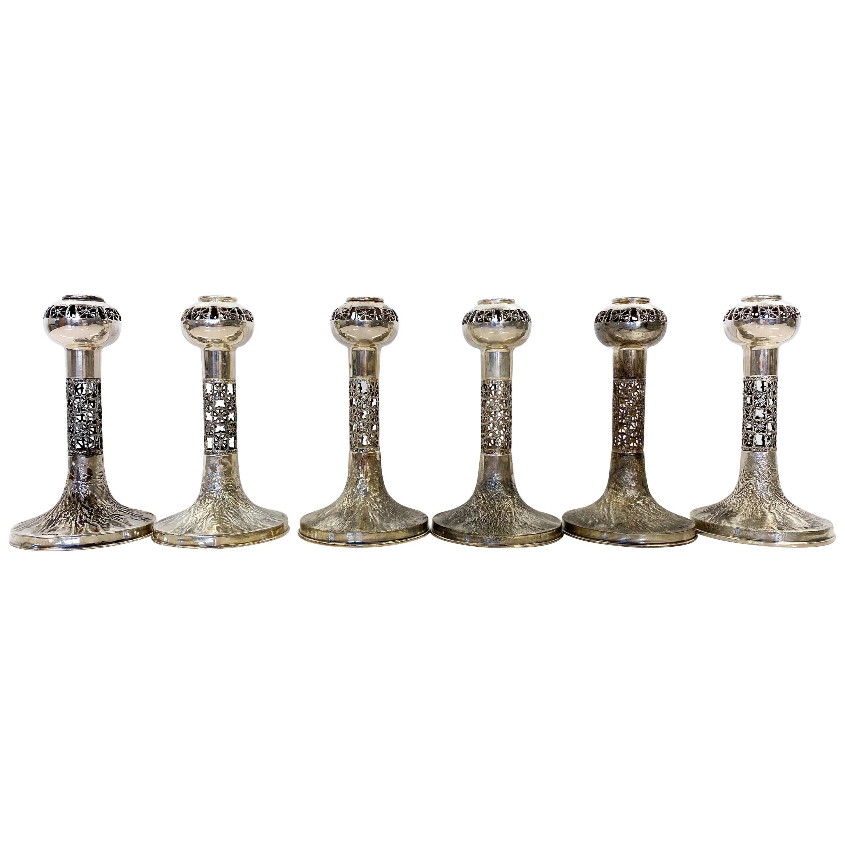 830H Sterling Silver 1972-1975 Finland Pentti Sarpaneva Six Lace Candleholders For Sale