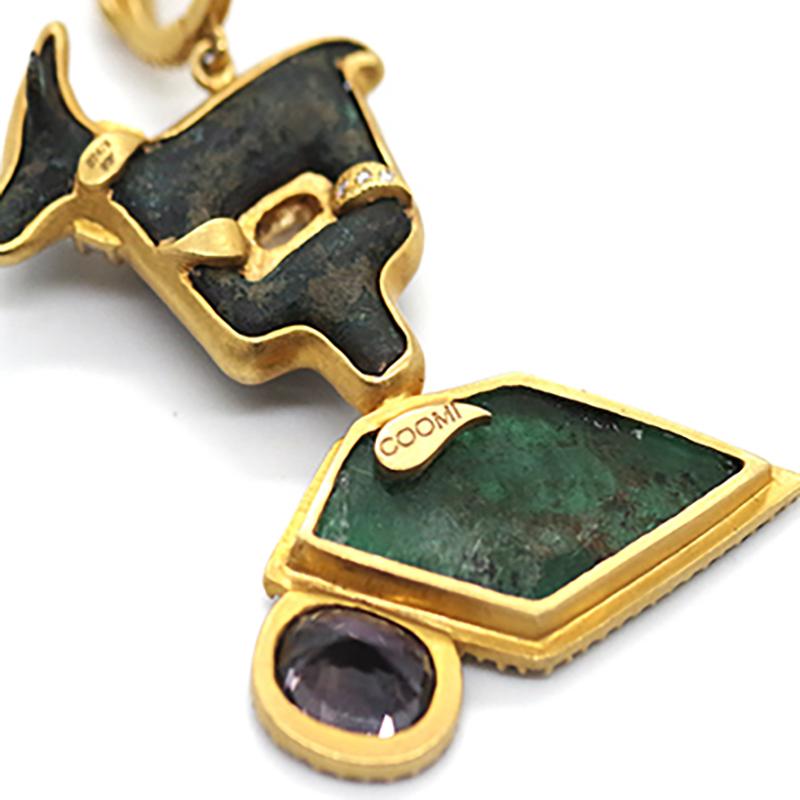 Emerald Cut 8.31 Carat Emerald Ancient Bronze Ibex Figure Pendant For Sale