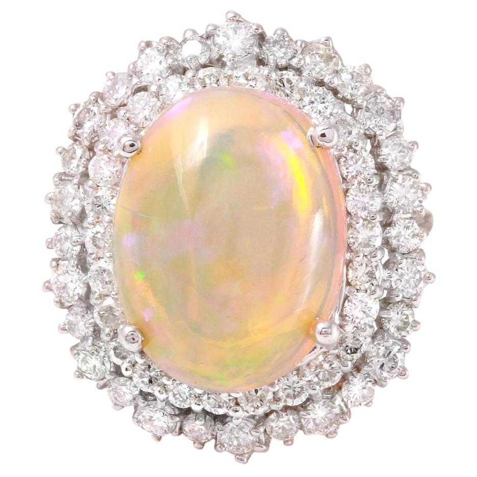8.31 Ct Natural Impressive Ethiopian Opal and Diamond 14K Solid White Gold Ring For Sale