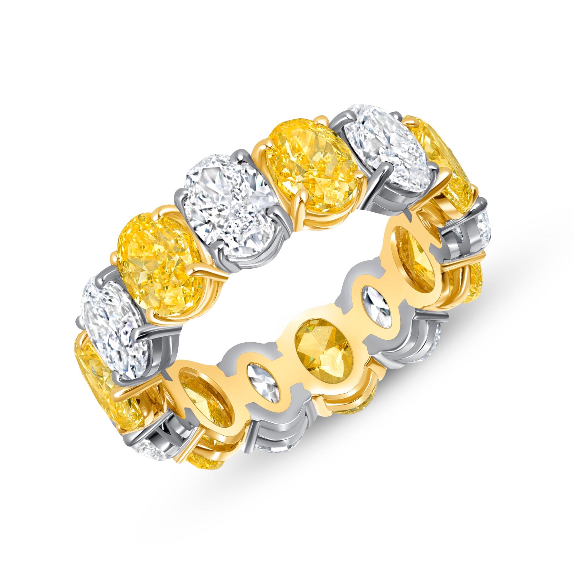 Oval Cut 8.31 Ctw. Oval Fancy Intense Yellow Diamond & Oval Diamond in 18KY & PT Ring For Sale