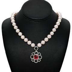 8.31ct Cushion Spessartite Garnet Diamond Pearl Necklace in 18K White Gold