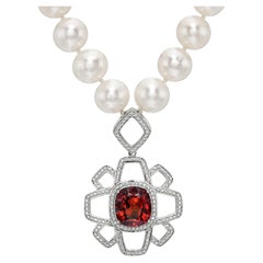 8.31ct Cushion Spessartite Garnet Diamond Pearl Necklace in 18K White Gold