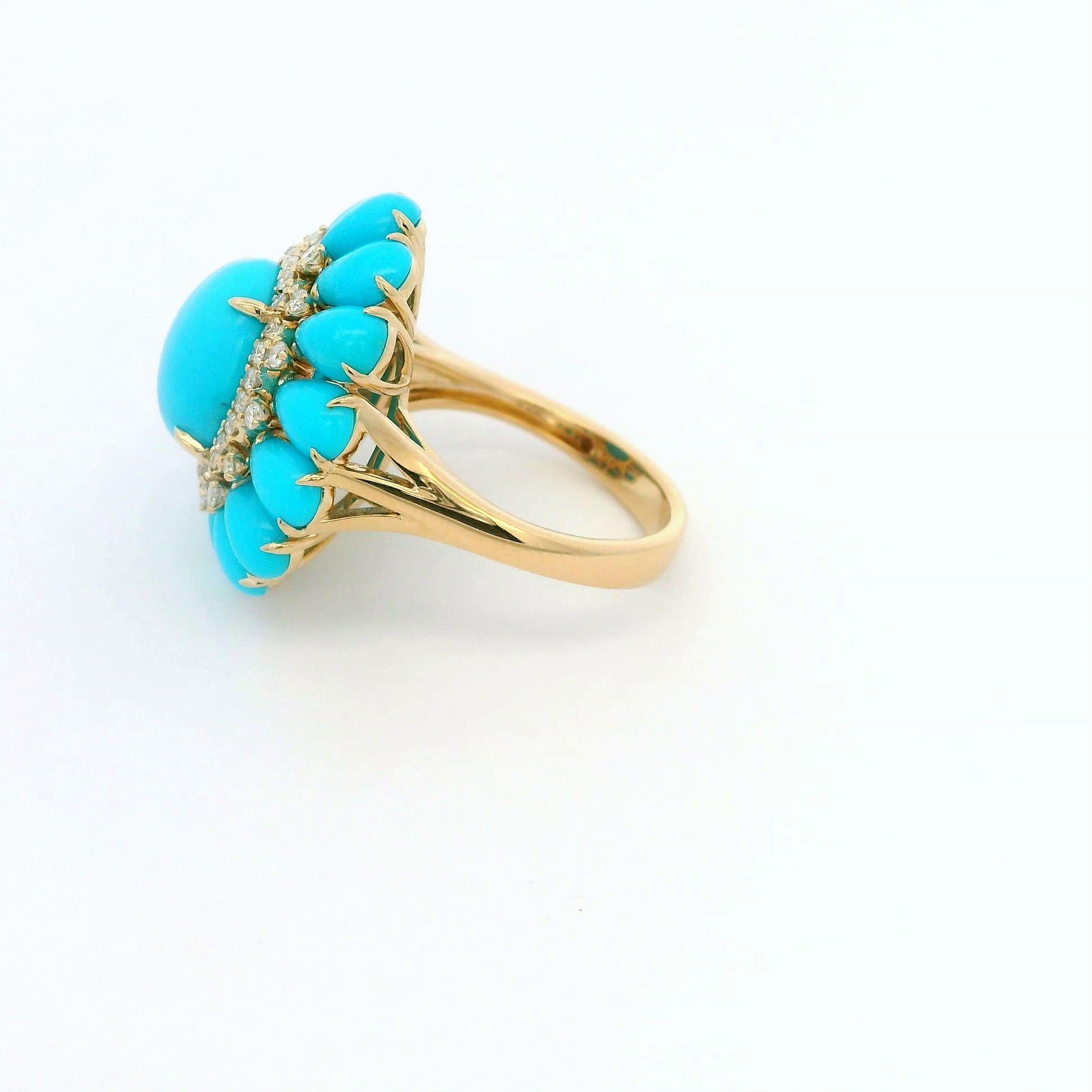 Contemporary 8.31ct Sleeping Beauty Turquoise Diamond Cluster Ring in 14 Karat Yellow Gold