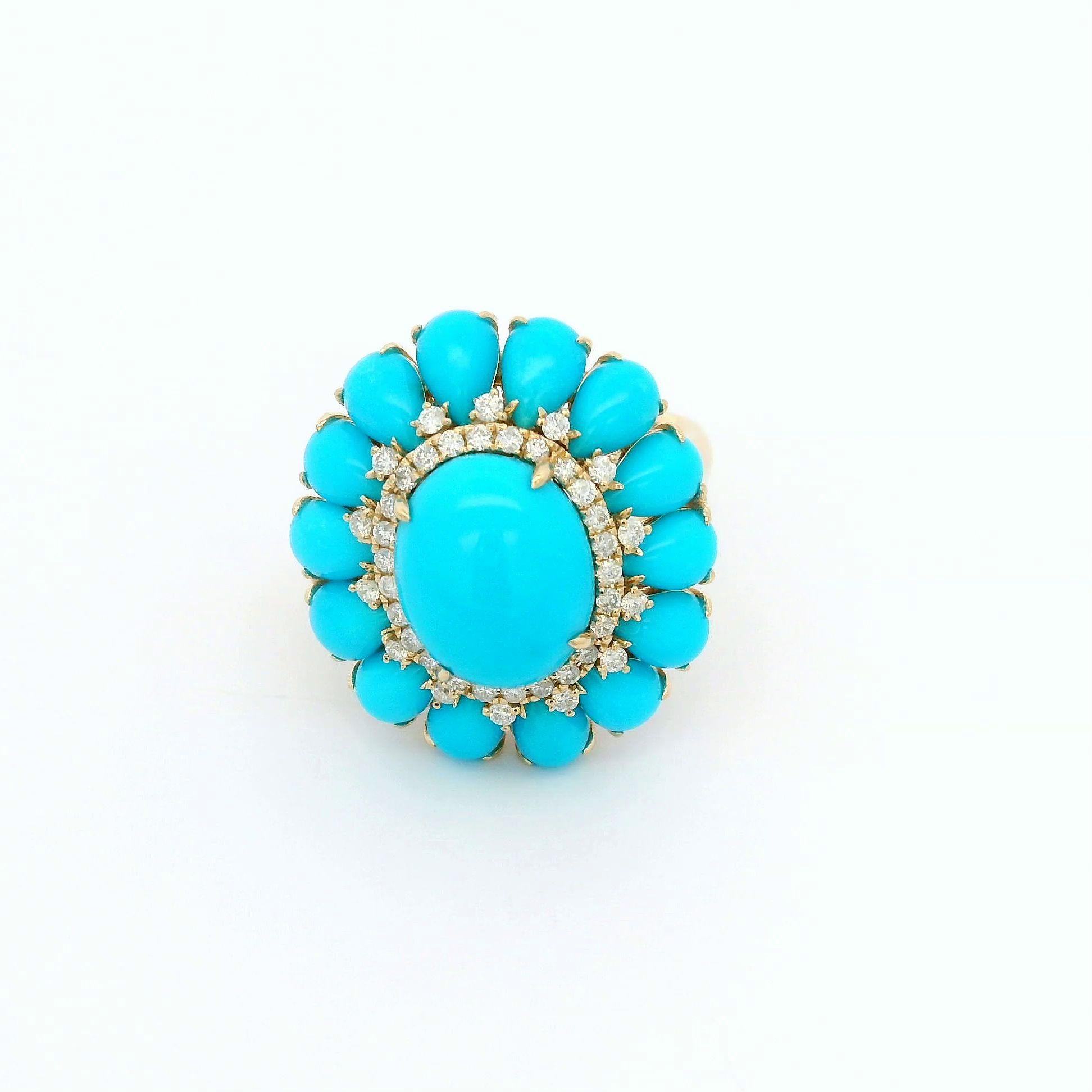 8.31ct Sleeping Beauty Turquoise Diamond Cluster Ring in 14 Karat Yellow Gold In New Condition In Hong Kong, HK