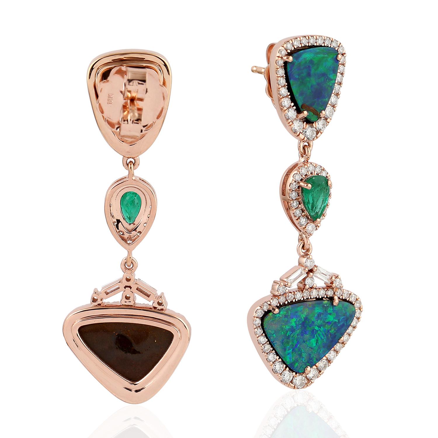 Contemporary 8.32 Carat Opal Emerald Diamond 18 Karat Gold Earrings For Sale