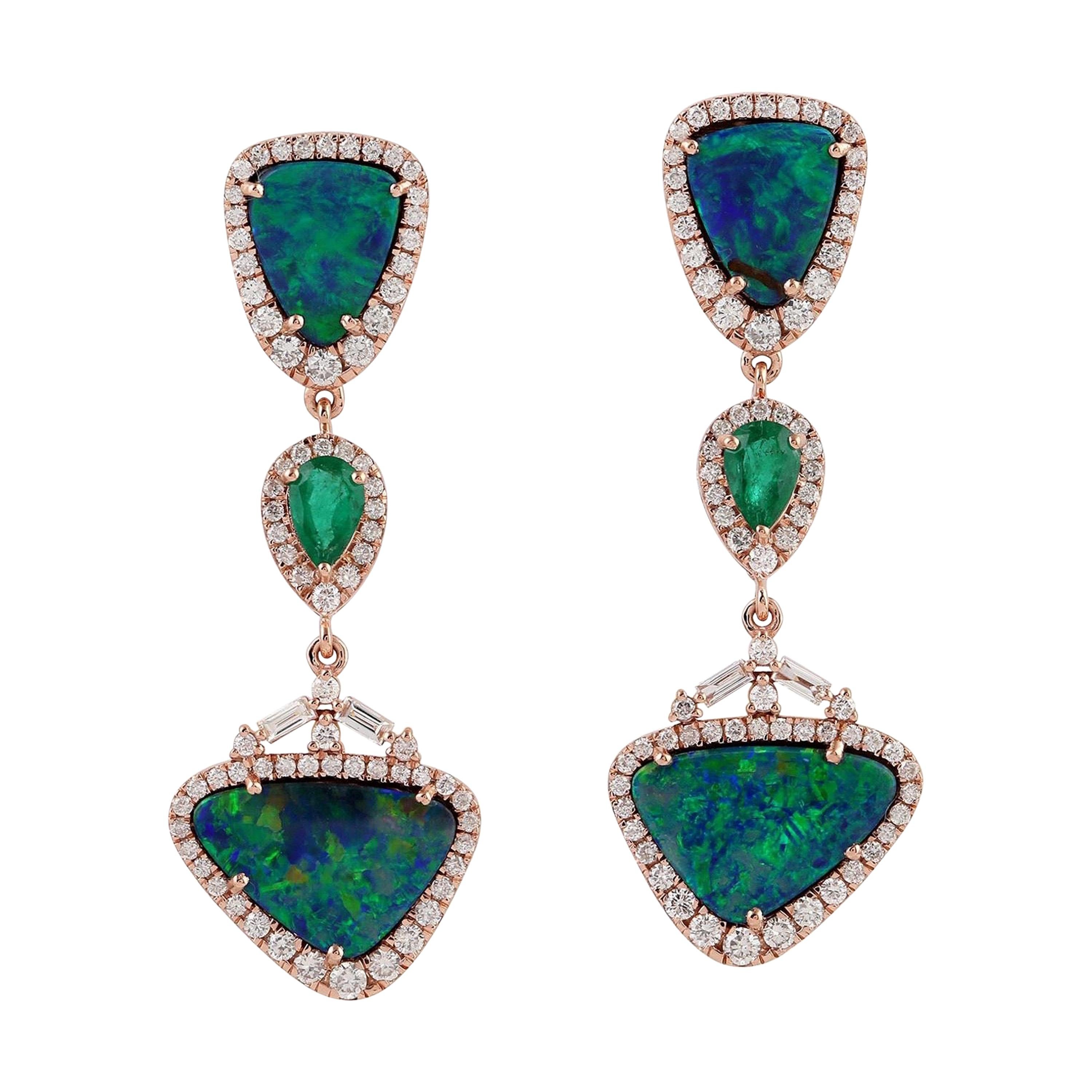 8.32 Carat Opal Emerald Diamond 18 Karat Gold Earrings For Sale