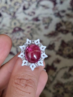 8.32 carats Tourmaline Cabochon, White Enamel & Rose Cut Diamonds Cocktail Ring