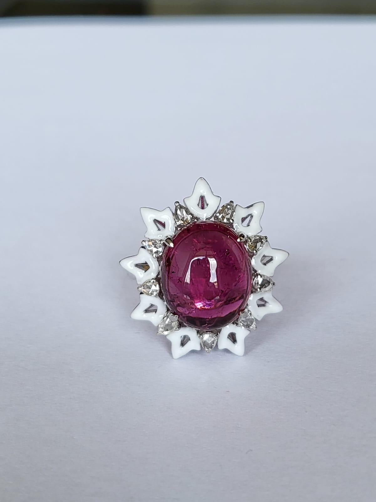 Women's or Men's 8.32 carats Tourmaline Cabochon, White Enamel & Rose Cut Diamonds Cocktail Ring For Sale