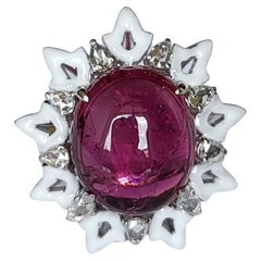 8.32 carats Tourmaline Cabochon, White Enamel & Rose Cut Diamonds Cocktail Ring