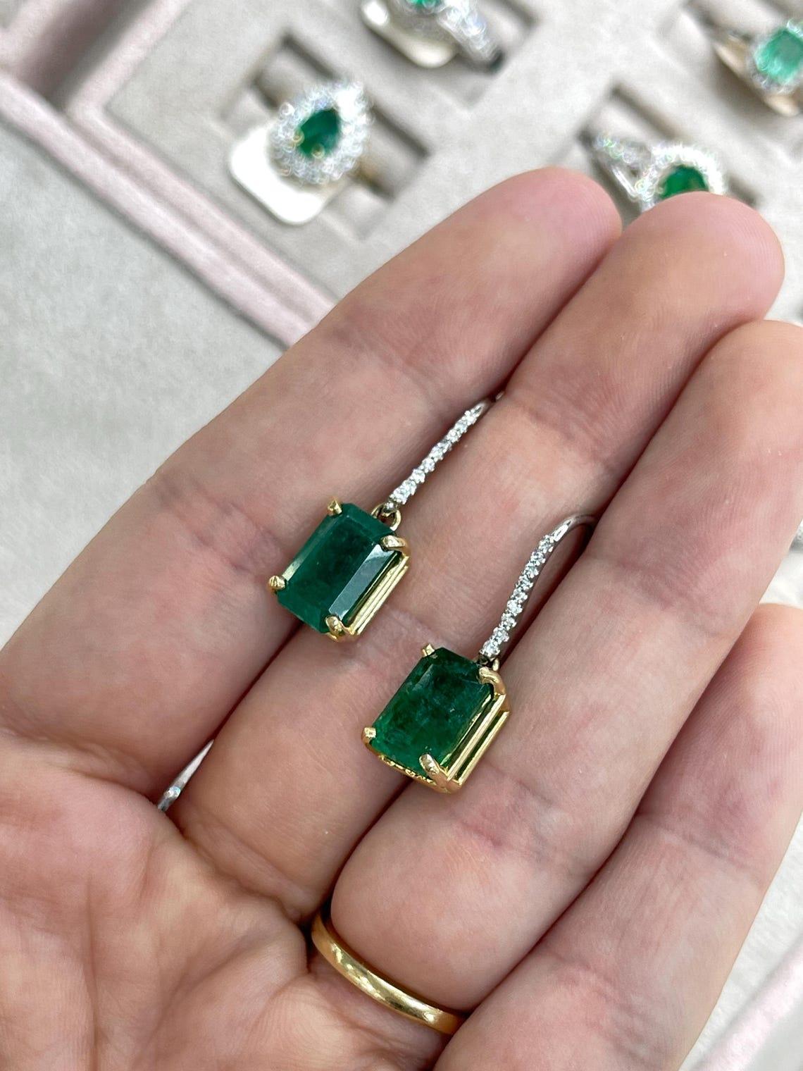 8.32tcw Boucles d'oreilles Emeraude Diamant Naturel Or 18K Platine Leverback en vente 1