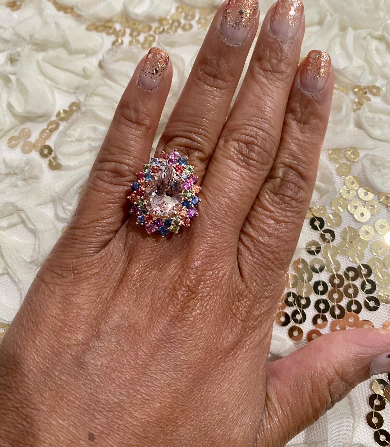 8.33 Carat Pink Morganite Multi Color Sapphire Cocktail Ring in 14K Rose Gold 2
