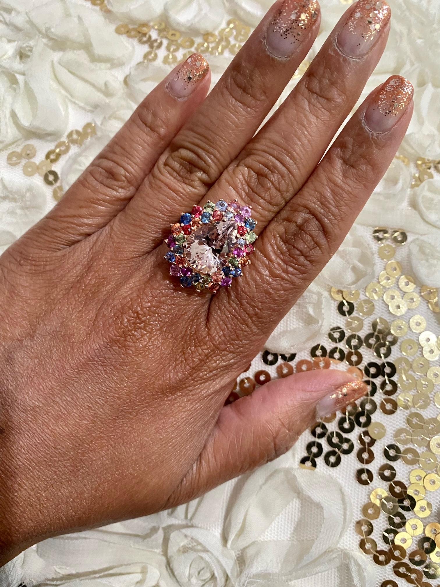 8.33 Carat Pink Morganite Multi Color Sapphire Cocktail Ring in 14K Rose Gold 3