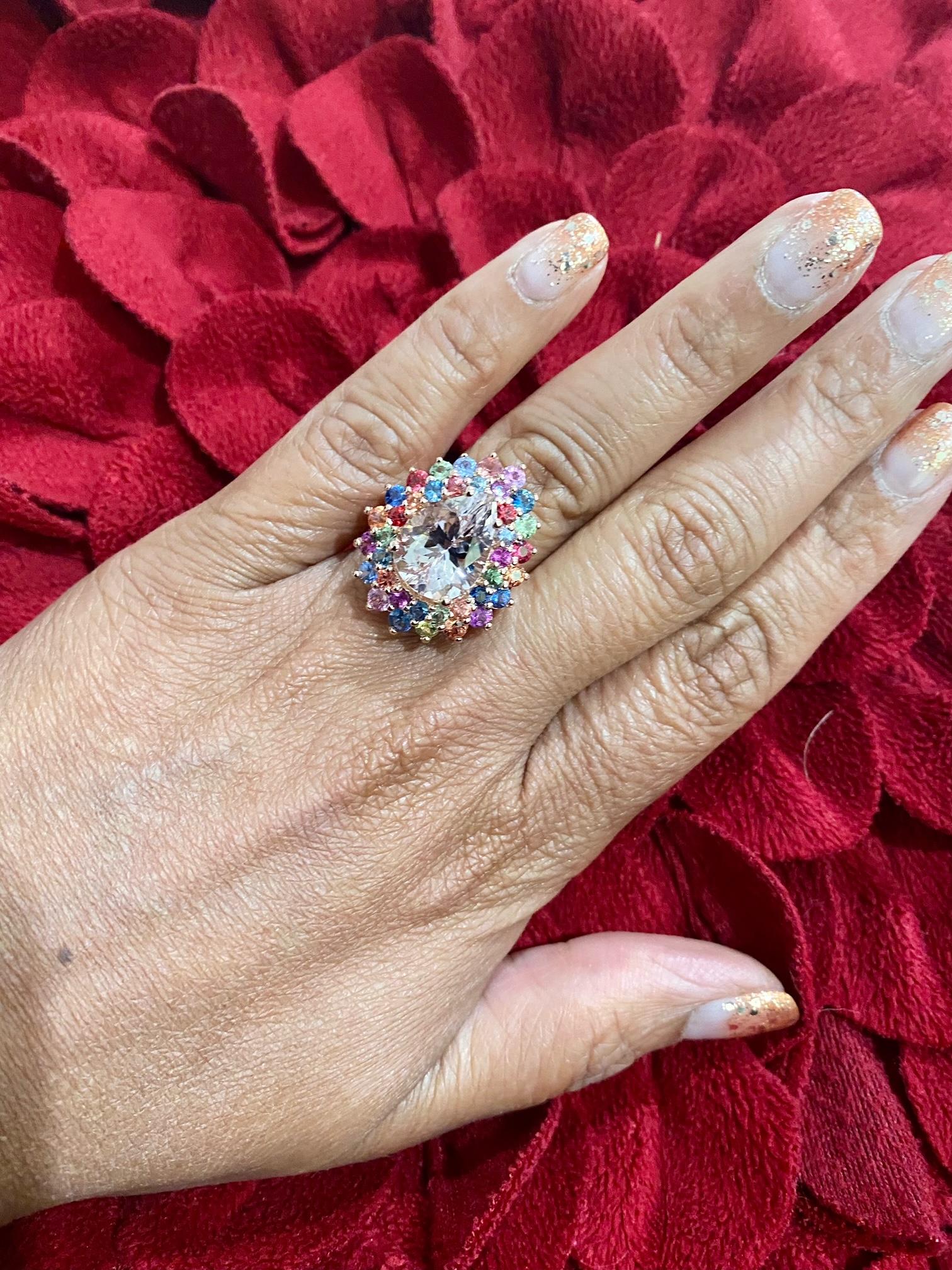 8.33 Carat Pink Morganite Multi Color Sapphire Cocktail Ring in 14K Rose Gold 5