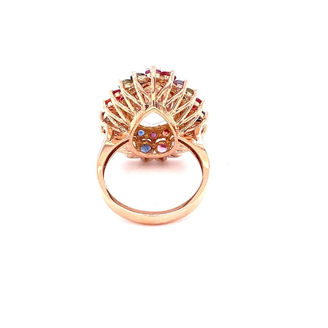 Pear Cut 8.33 Carat Pink Morganite Multi Color Sapphire Cocktail Ring in 14K Rose Gold