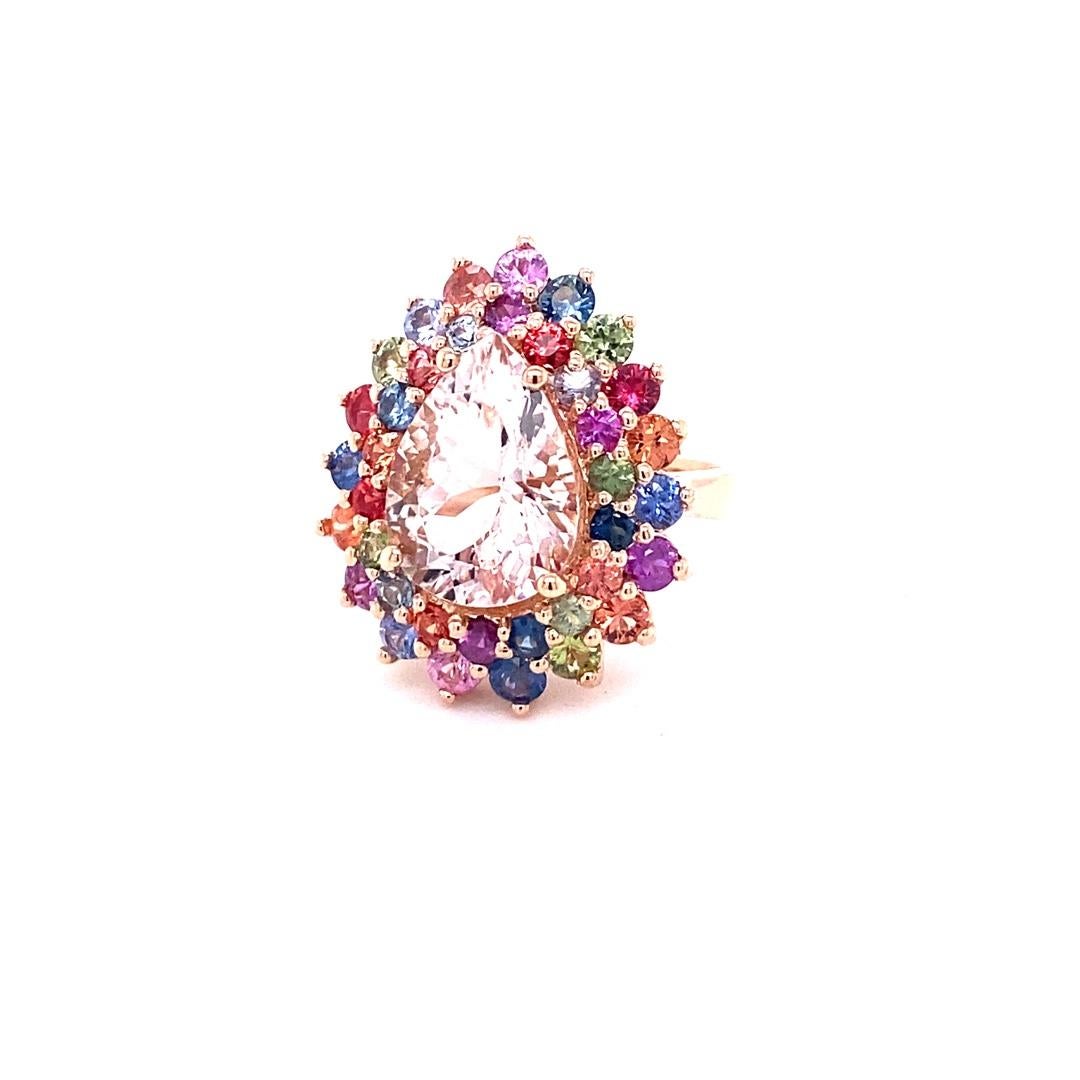 Women's 8.33 Carat Pink Morganite Multi Color Sapphire Cocktail Ring in 14K Rose Gold