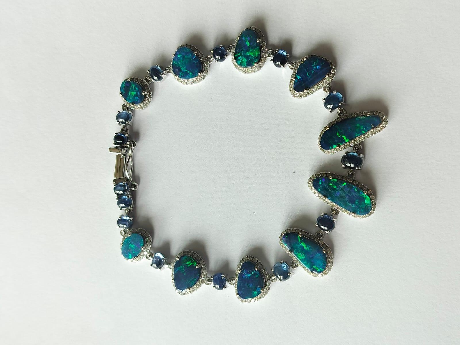 Modern 8.33 carats Australian Doublet Opal, Blue Sapphire & Diamonds Tennis Bracelet