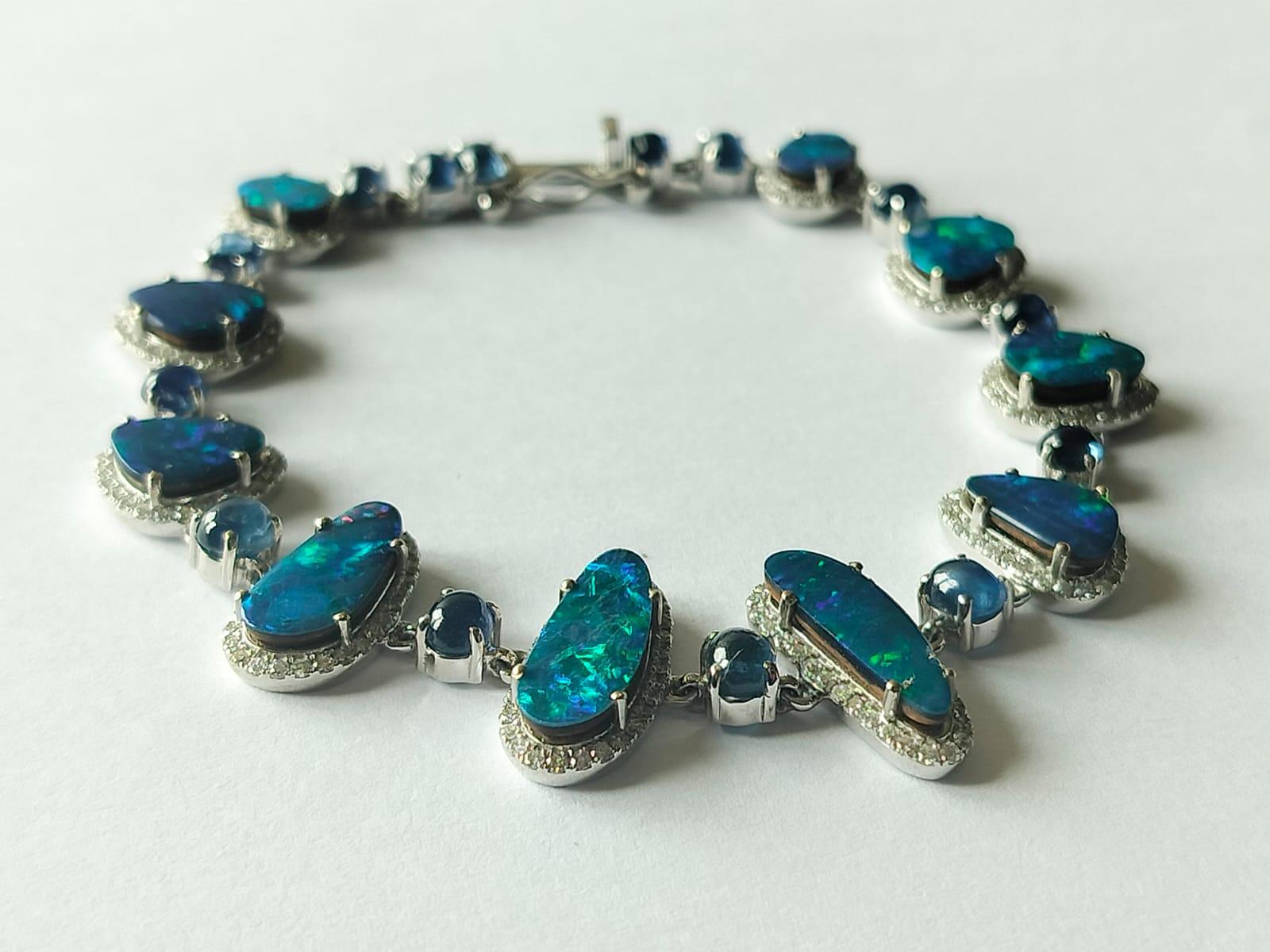 Rose Cut 8.33 carats Australian Doublet Opal, Blue Sapphire & Diamonds Tennis Bracelet