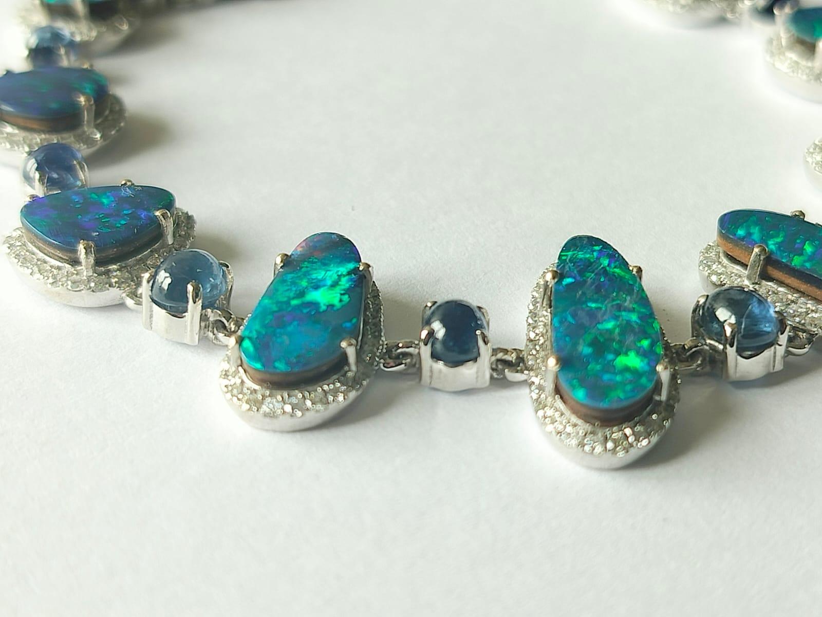 8.33 carats Australian Doublet Opal, Blue Sapphire & Diamonds Tennis Bracelet In New Condition In Hong Kong, HK