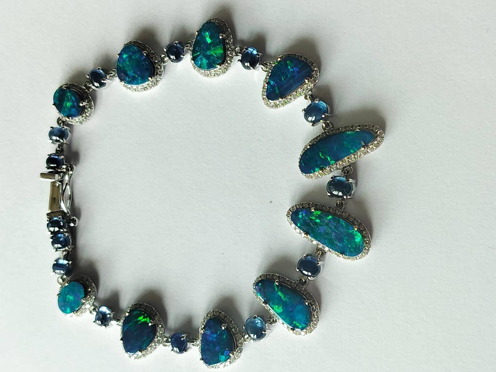 Women's 8.33 carats Australian Doublet Opal, Blue Sapphire & Diamonds Tennis Bracelet