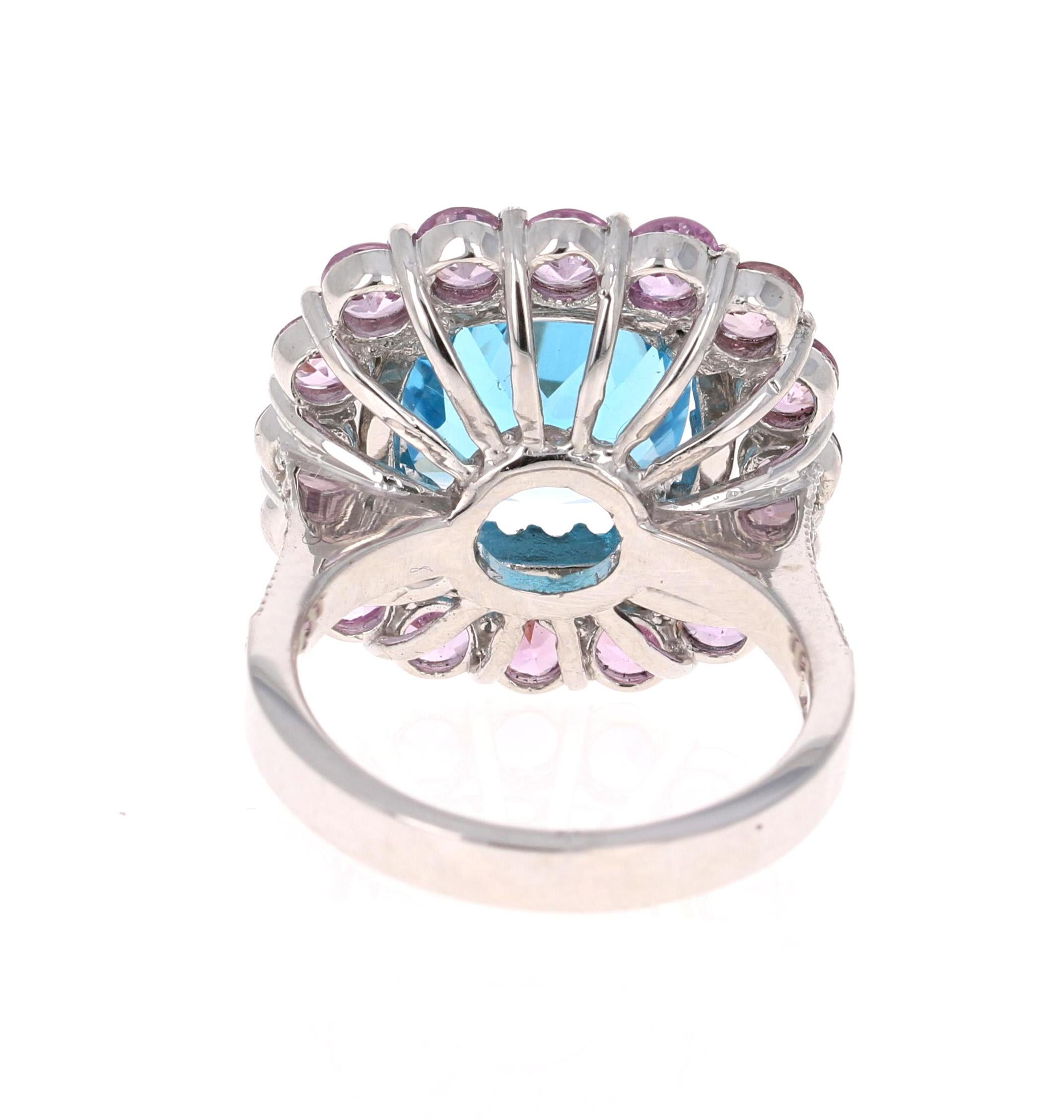 8.34 Carat Cushion Cut Blue Topaz Pink Sapphire Diamond White Gold Cocktail Ring In New Condition In Los Angeles, CA