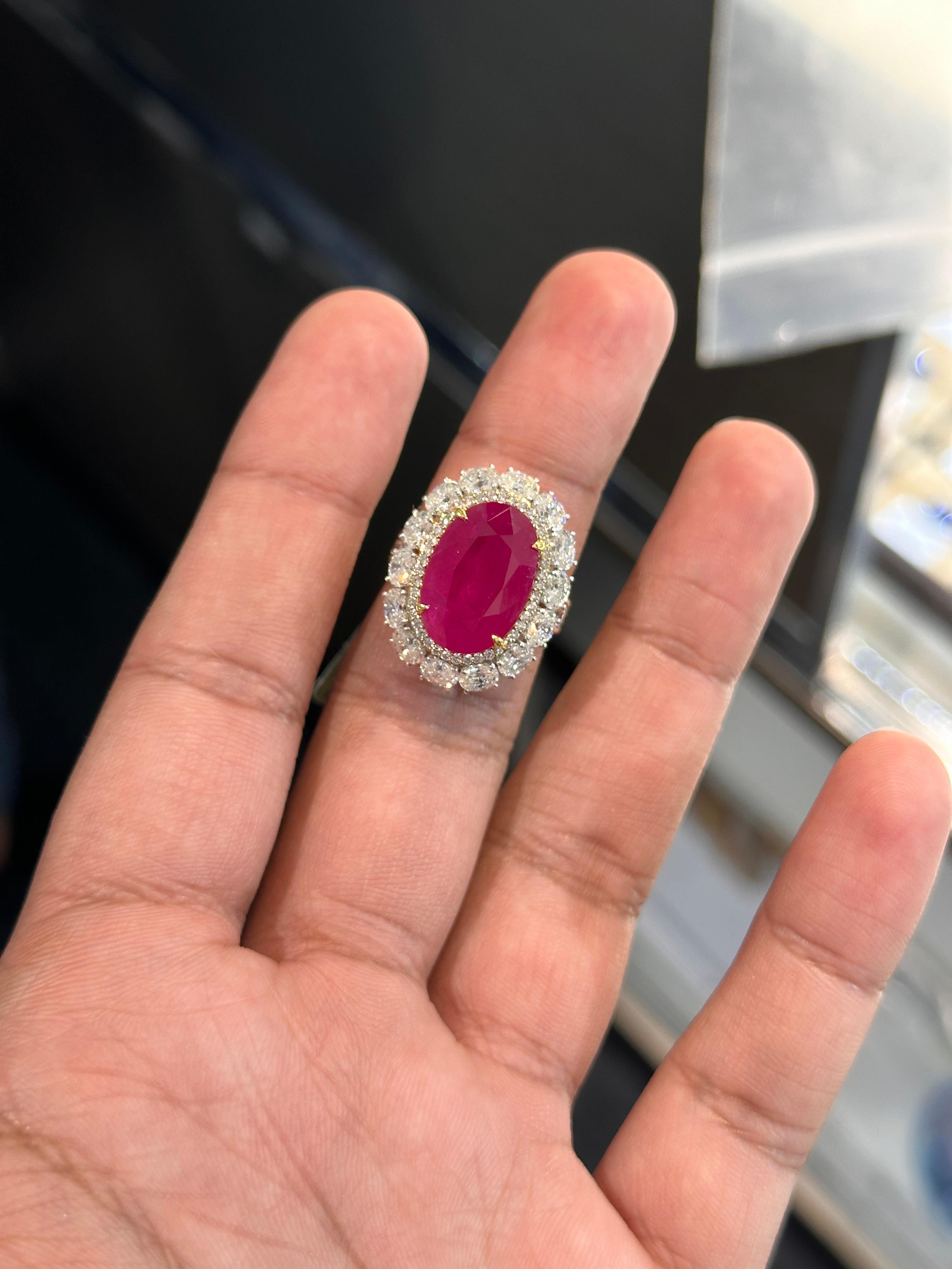 Indulge in the allure of exquisite jewelry with this captivating Ruby ring, a treasure that will leave all ruby lovers delighted. 

This magnificent ring showcases a breathtaking centerpiece—a 8.34 Carat Ruby that originates from Burma.

Rest