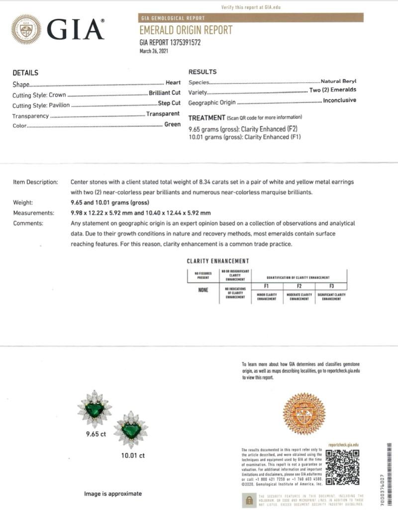 Orecchini con smeraldo e diamante bianco a forma di cuore da 8,34 carati certificati da Gubelin in vendita 5