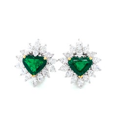 8.34 Carat Gubelin Certified Heart Shaped Emerald and White Diamond Earrings