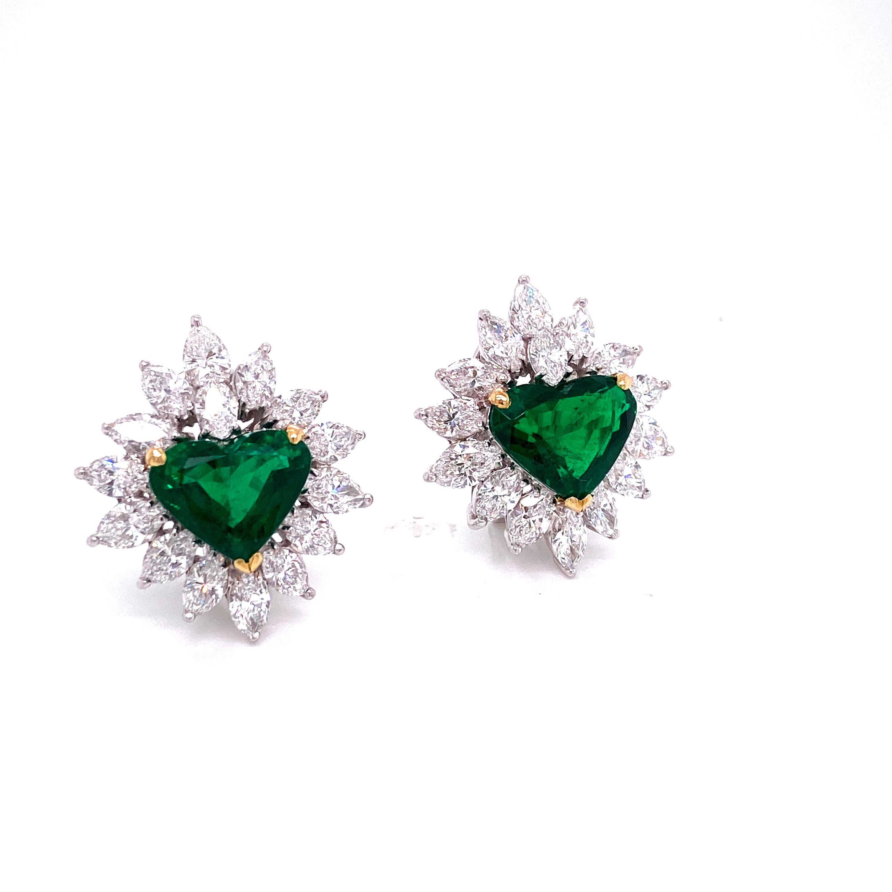 8.34 Carat Gubelin Certified Heart Shaped Emerald and White Diamond Earrings In New Condition For Sale In Hong Kong, HK