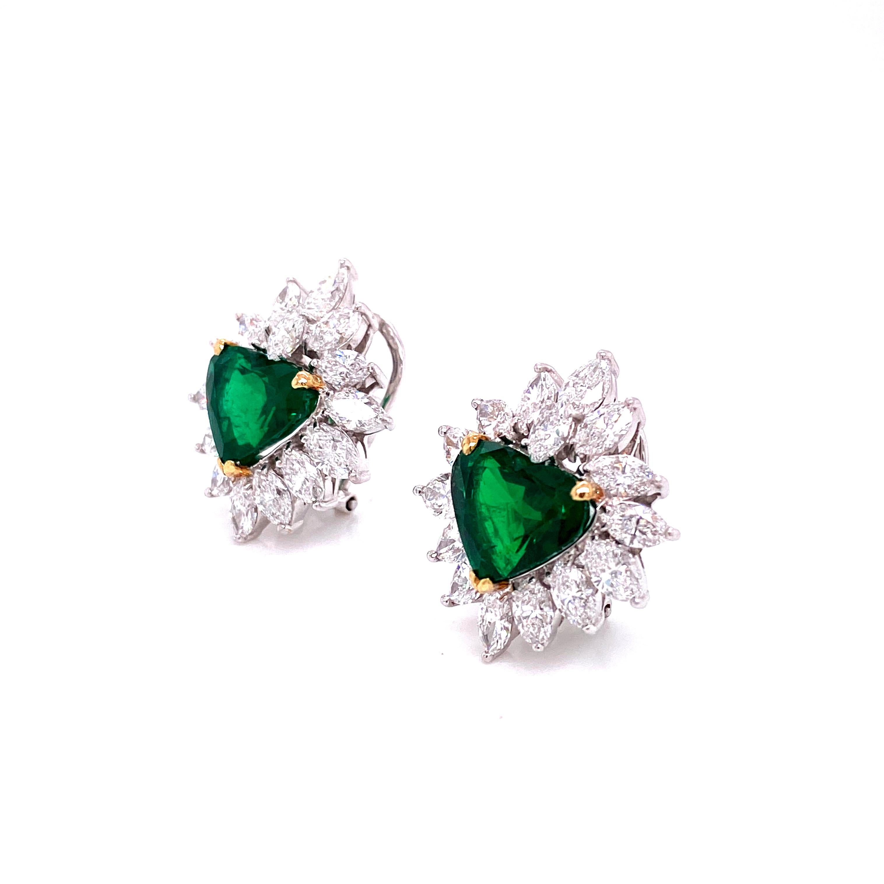 Women's or Men's 8.34 Carat Gubelin Certified Heart Shaped Emerald and White Diamond Earrings For Sale