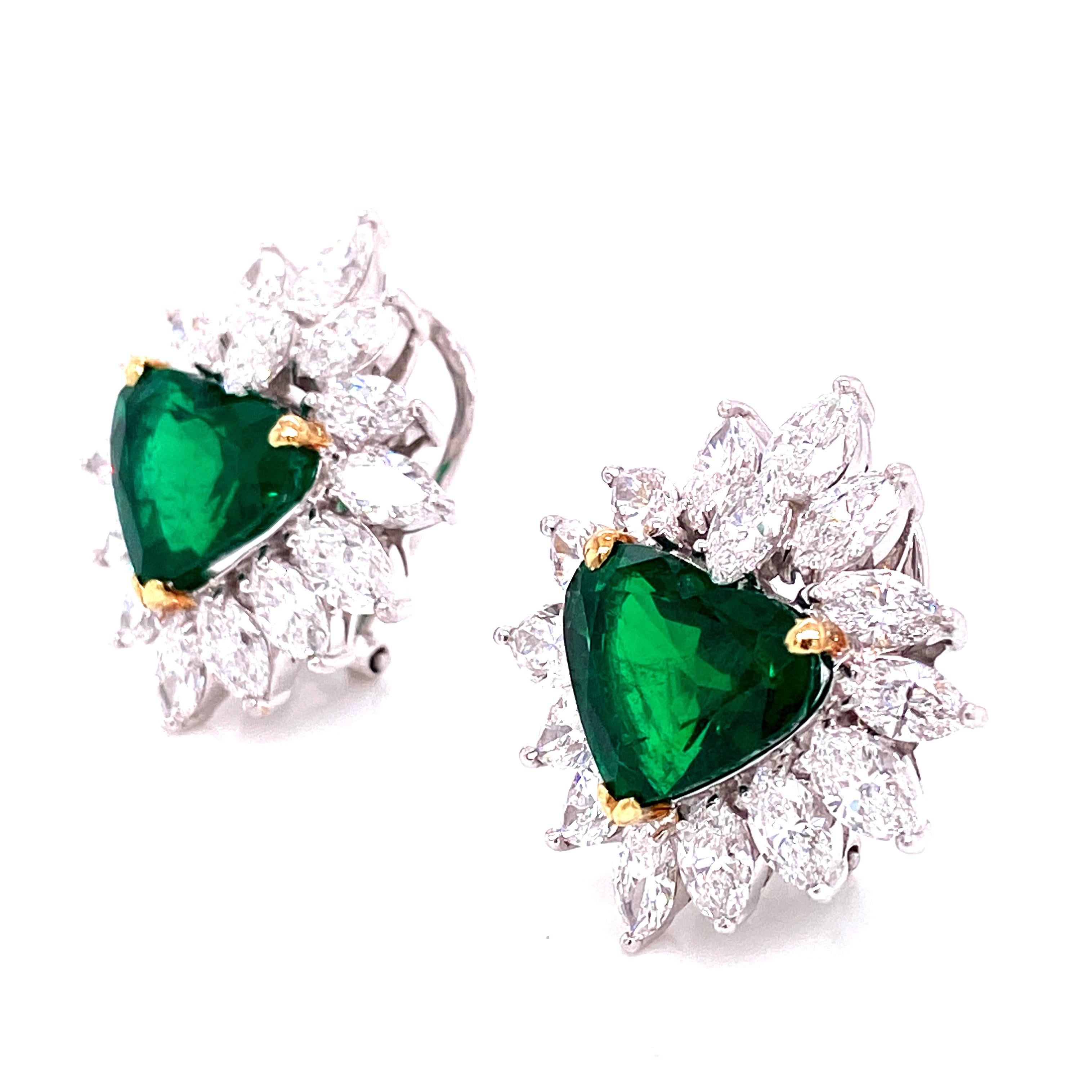 8.34 Carat Gubelin Certified Heart Shaped Emerald and White Diamond Earrings For Sale 1