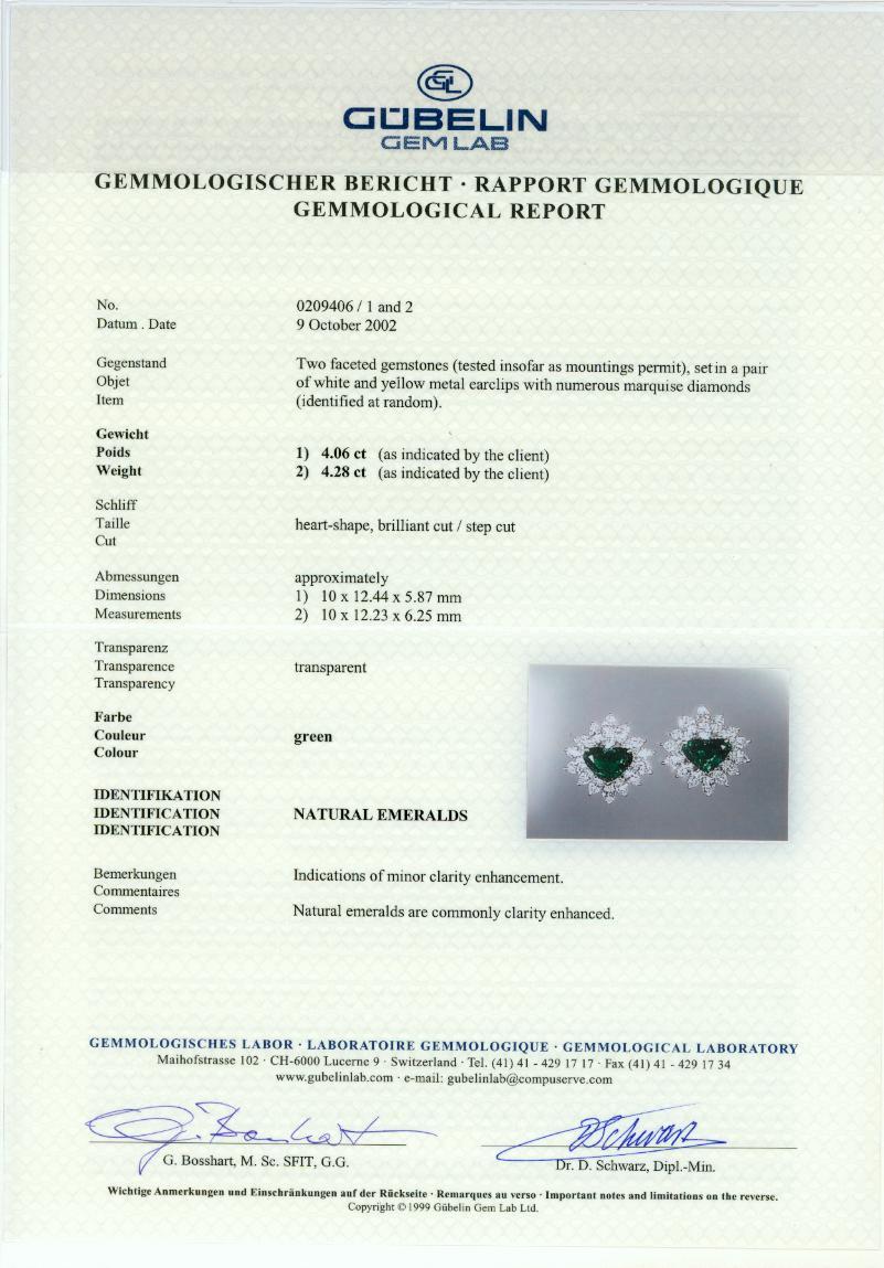 8.34 Carat Gubelin Certified Heart Shaped Emerald and White Diamond Earrings For Sale 2