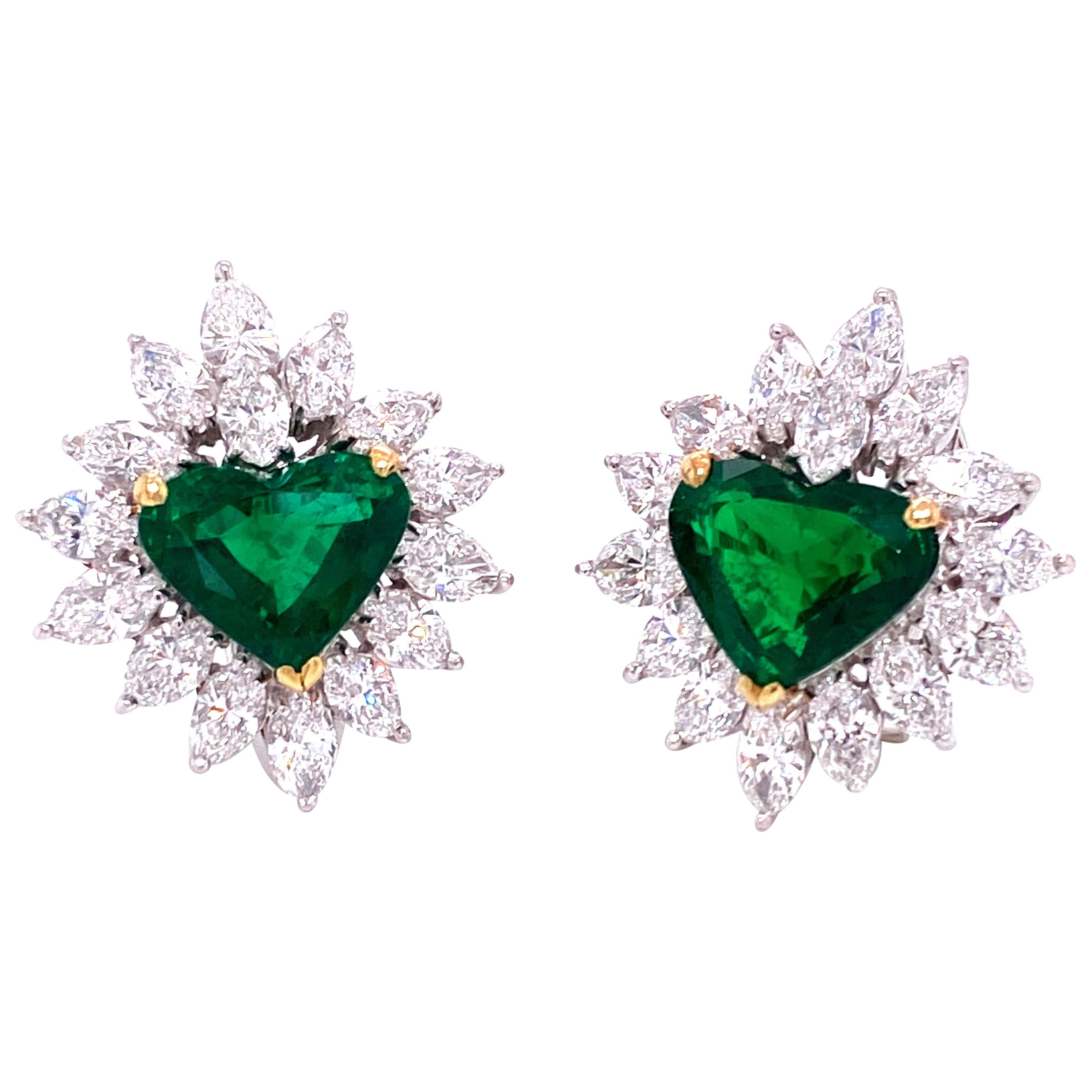 8.34 Carat Gubelin Certified Heart Shaped Emerald and White Diamond Earrings For Sale