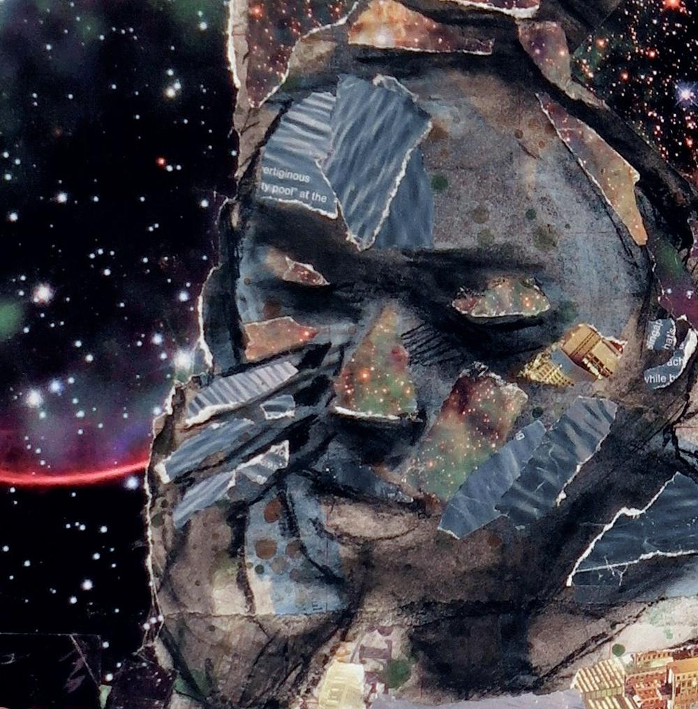 Celestial Night, dunkle Farben, Astronomie, schwarzer weiblicher Akt, Sterne, Landkarten, Collage (Surrealismus), Art, von Audrey Anastasi