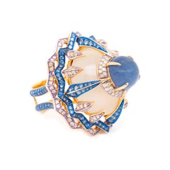 8.34ct Unheat Sapphire & Moonstone & Diamond Ring, 18K Yellow Gold, Austy Lee