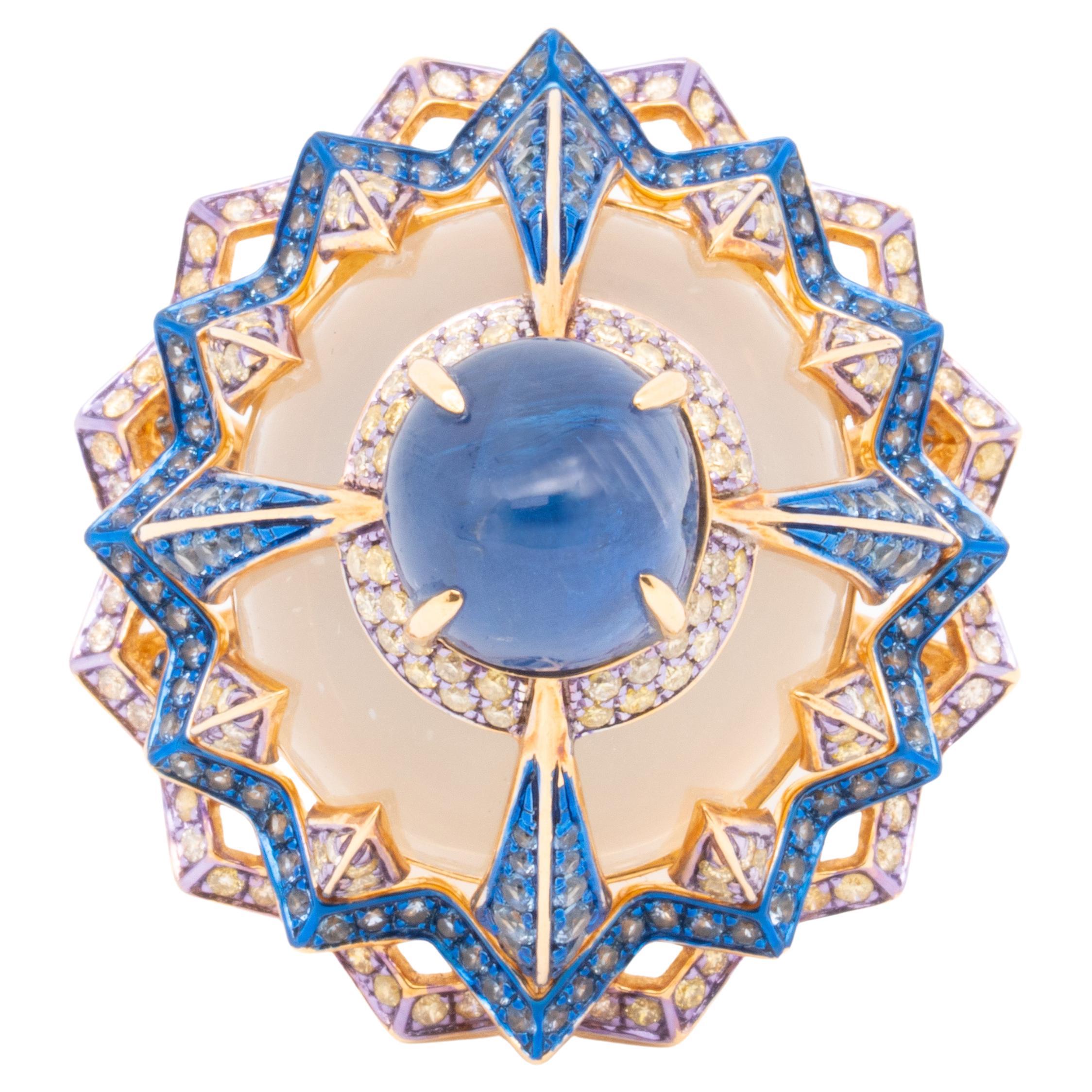 Pre-owned Austy Lee 8.34ct Unheat Sapphire & Moonstone & Diamond Ring, 18k Yellow Gold,