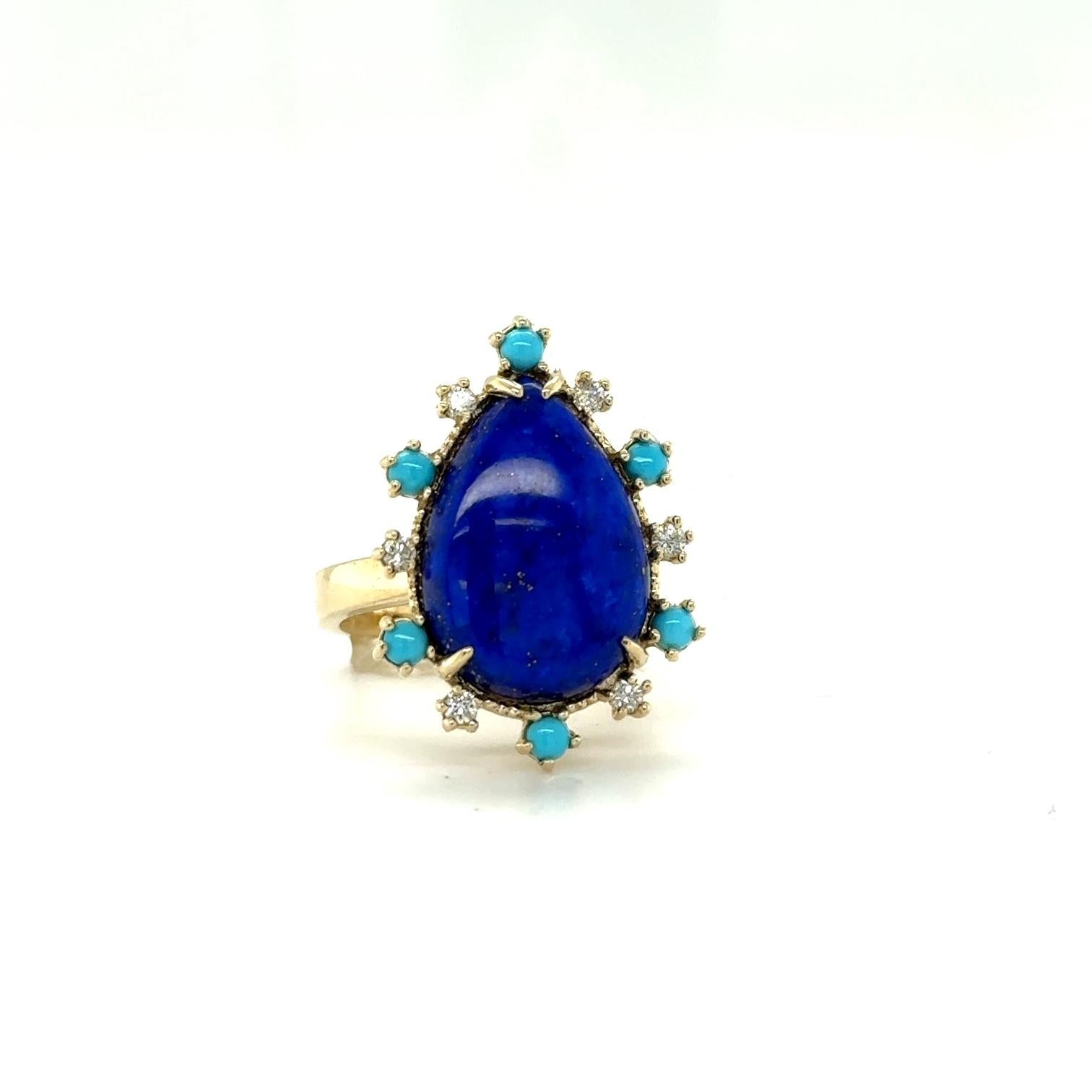 8.35 Carat Lapis Lazuli Turquoise and Diamond Yellow Gold Cocktail Ring

A beauty to say the least! This unique ring has a beautiful deep blue/purple Pear Cut Lapis Lazuli that weighs 7.80 Carats. It is surrounded by 6 Turquoise that weigh 0.38