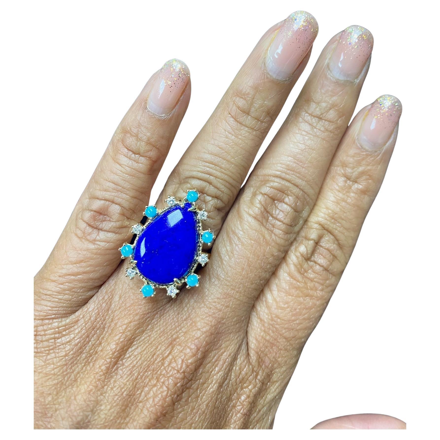 Pear Cut 8.35 Carat Lapis Lazuli Turquoise and Diamond Yellow Gold Cocktail Ring For Sale