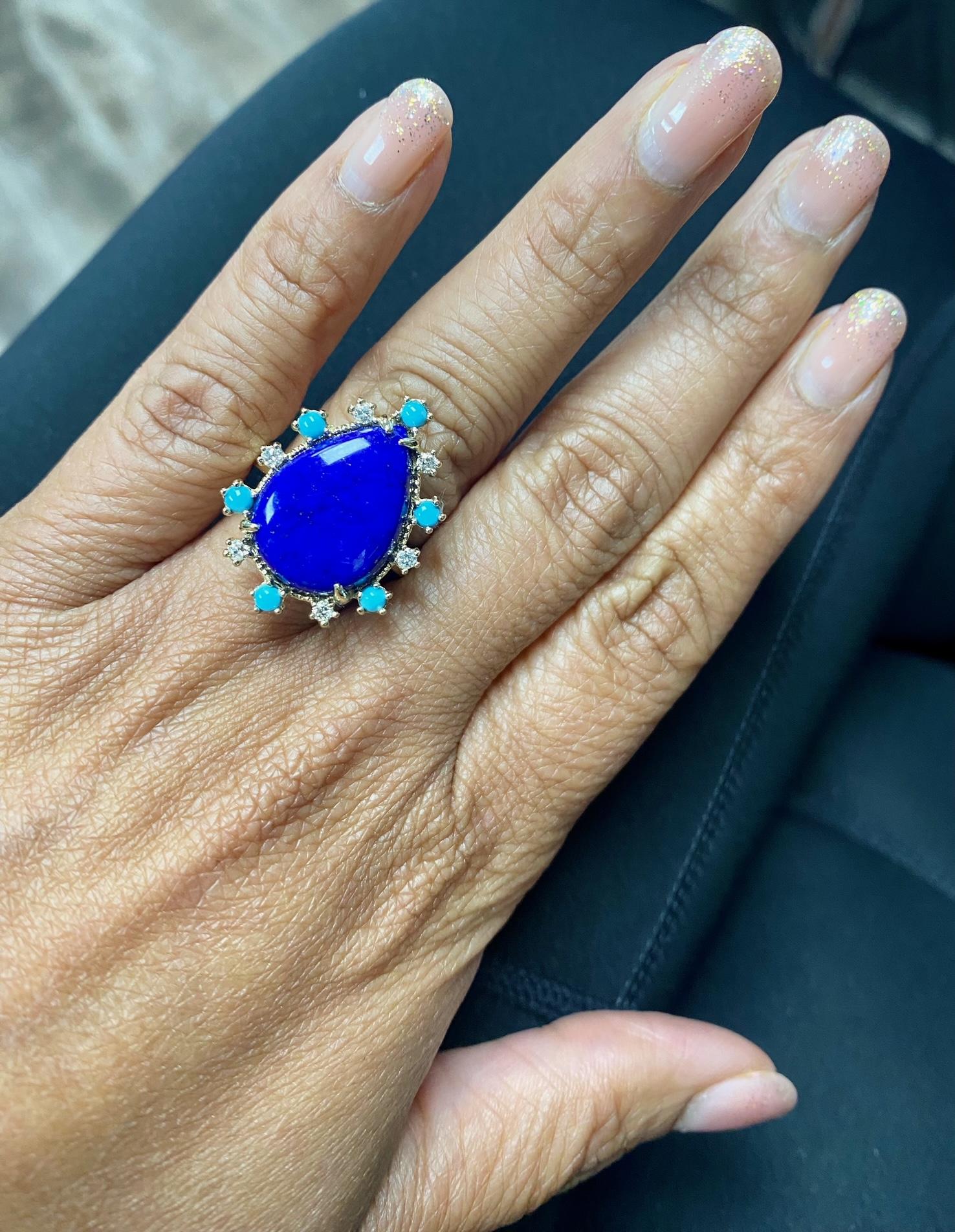 8.35 Carat Lapis Lazuli Turquoise and Diamond Yellow Gold Cocktail Ring In New Condition For Sale In Los Angeles, CA