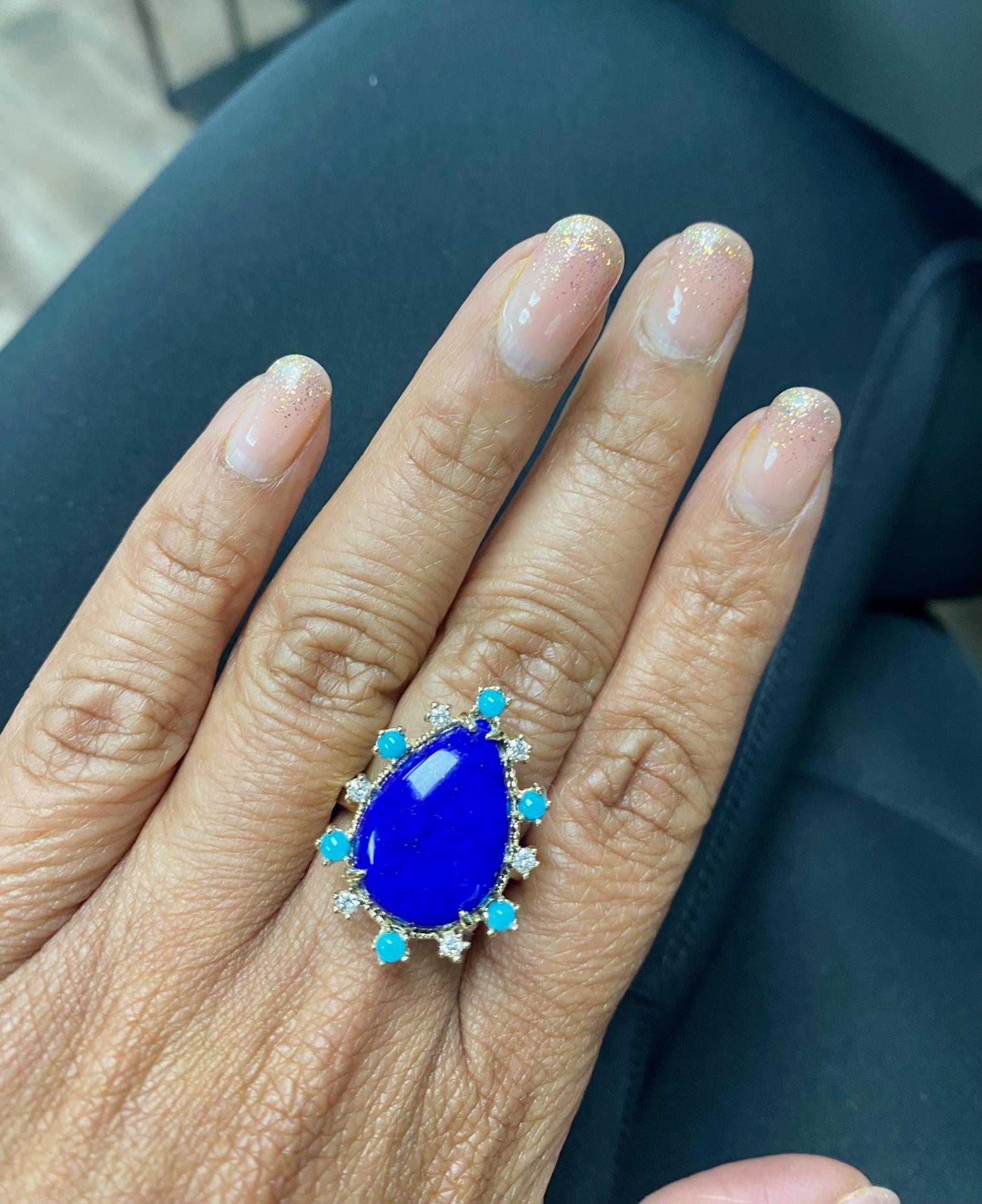 Women's 8.35 Carat Lapis Lazuli Turquoise and Diamond Yellow Gold Cocktail Ring For Sale