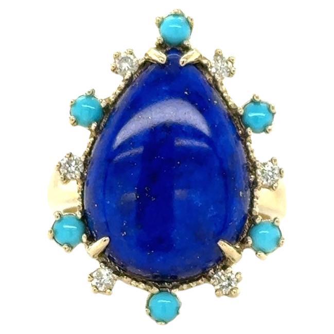 8.35 Carat Lapis Lazuli Turquoise and Diamond Yellow Gold Cocktail Ring For Sale