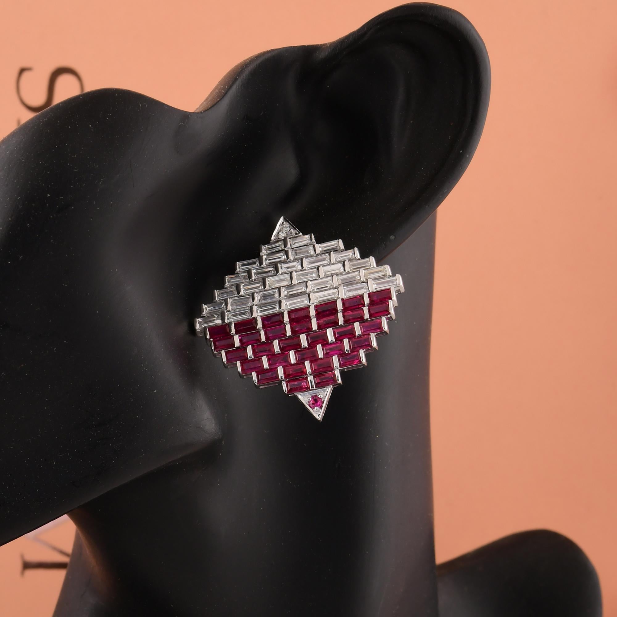 Baguette Cut 8.35 Carat Ruby Gemstone Earrings 6.47 Carat SI/H Diamond 14 Karat White Gold For Sale