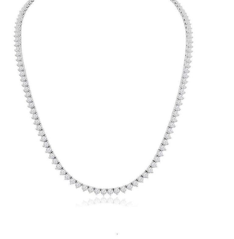 8.35 Carat Total Diamond 3-Prong Tennis Necklace in 14 Karat White Gold