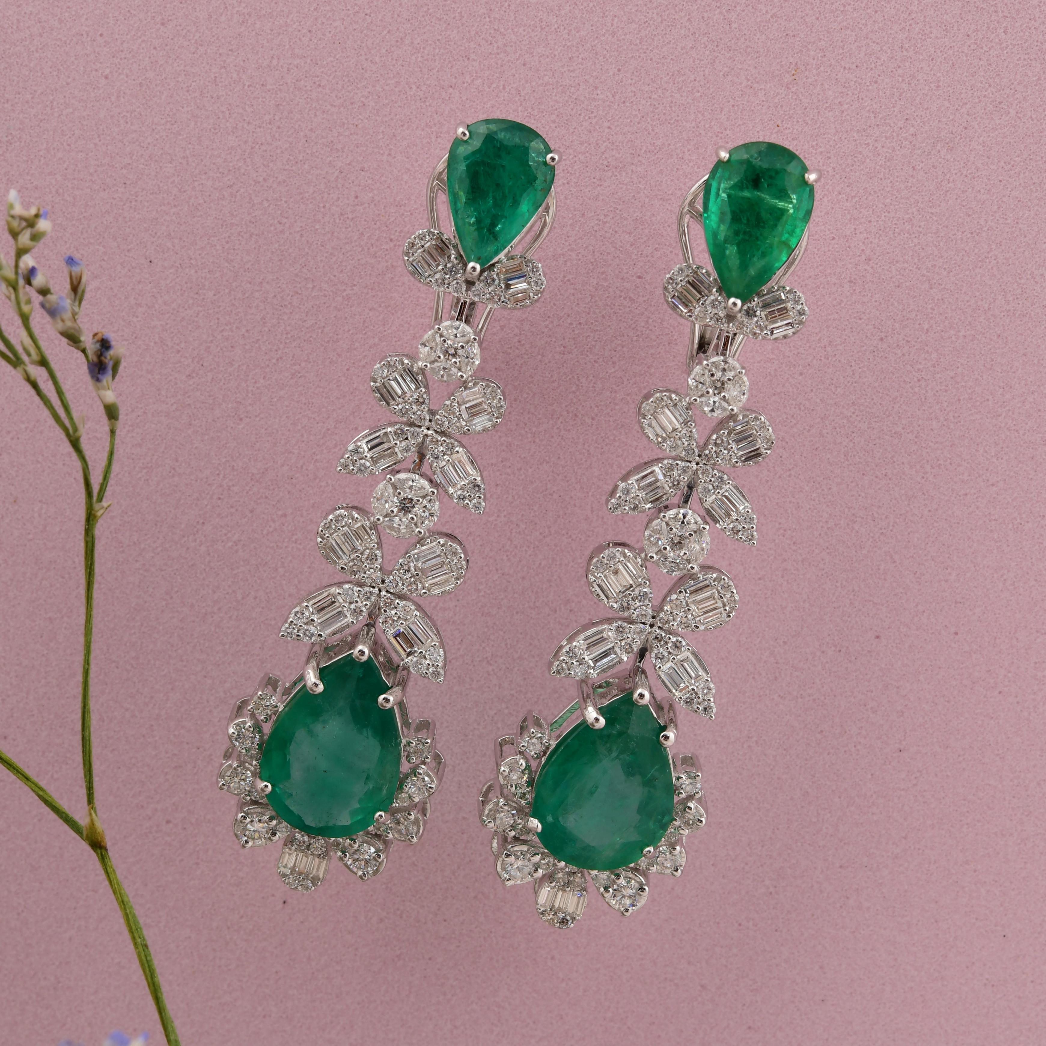 Pear Cut 8.35 Carat Zambian Emerald Earrings 2.10 Carat SI/H Diamond 18 Karat White Gold For Sale