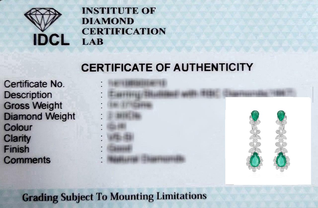 Women's 8.35 Carat Zambian Emerald Earrings 2.10 Carat SI/H Diamond 18 Karat White Gold For Sale