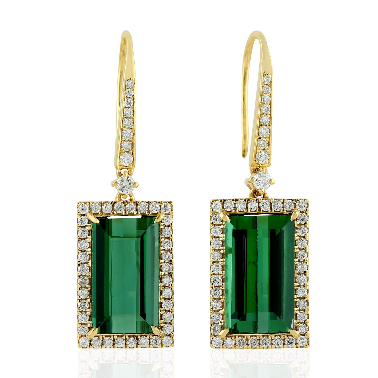 Emerald Cut 8.35 Carat Green Tourmaline Diamond 18 Karat Gold Earrings For Sale