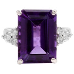 Bague en or blanc 14 carats avec améthyste naturelle impressionnante de 8,35 carats et diamants